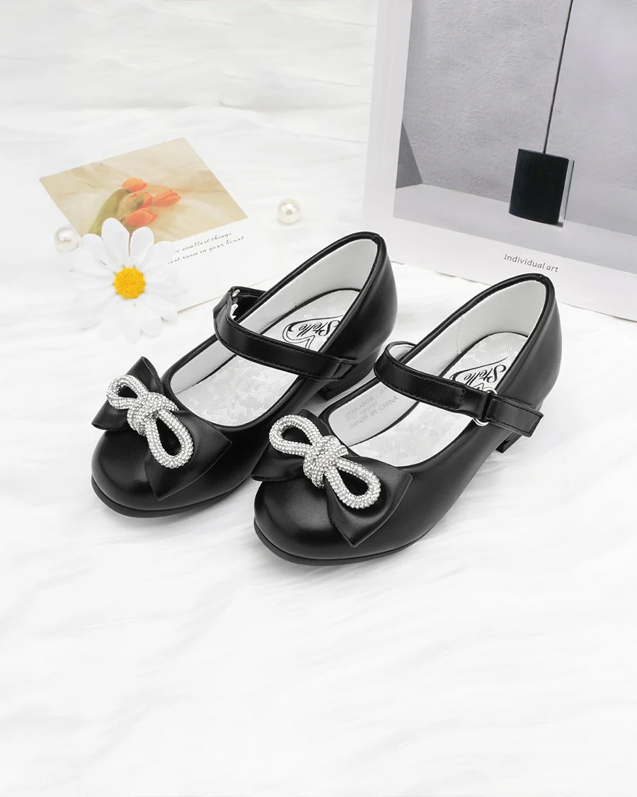 Girls Closed Toe Mary Jane Shoes | Ankle Strap Heels with Bow - Image 3