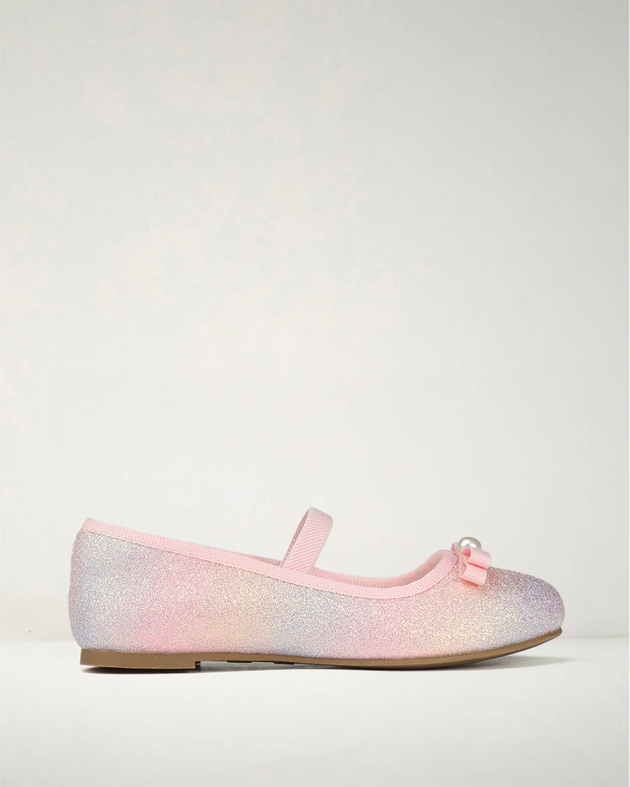 Girls Glitter Mary Jane Flats with Pearl Bows