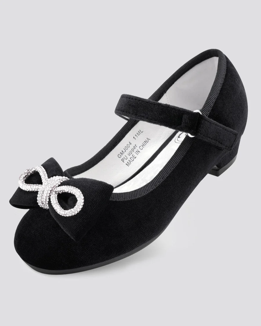 Girls Classic Mary Jane Shoes | Velvet Heels with Crystal Bows - Image 2