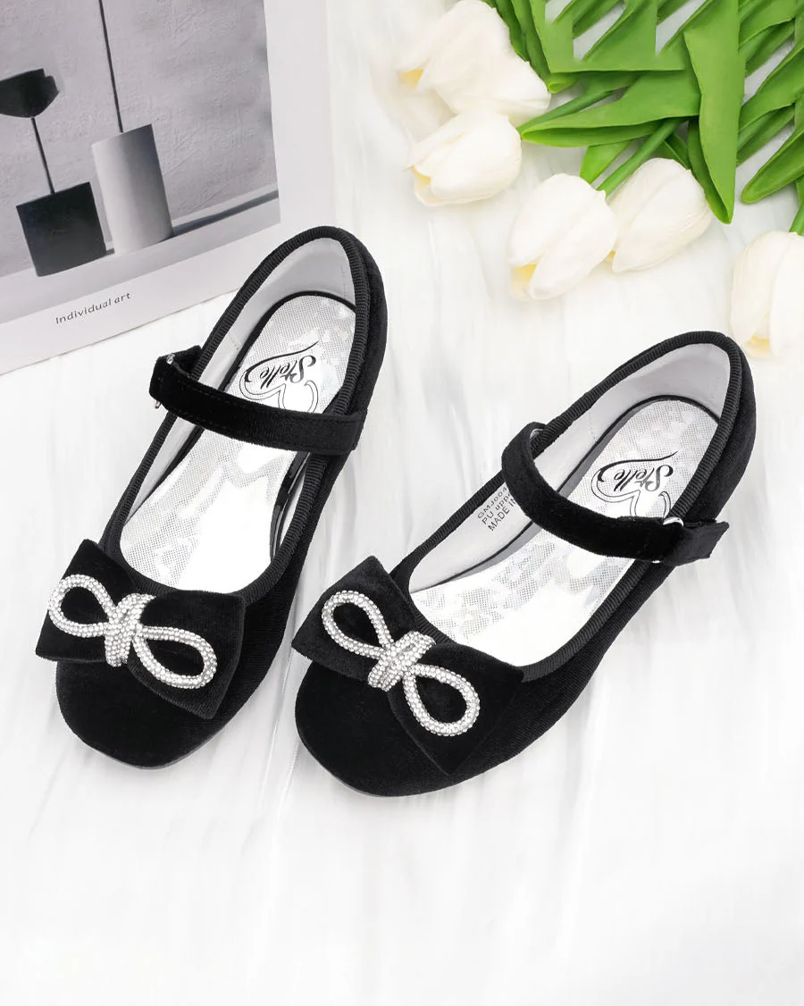 Girls Classic Mary Jane Shoes | Velvet Heels with Crystal Bows - Image 3