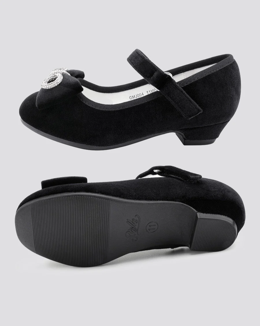 Girls Classic Mary Jane Shoes | Velvet Heels with Crystal Bows - Image 4