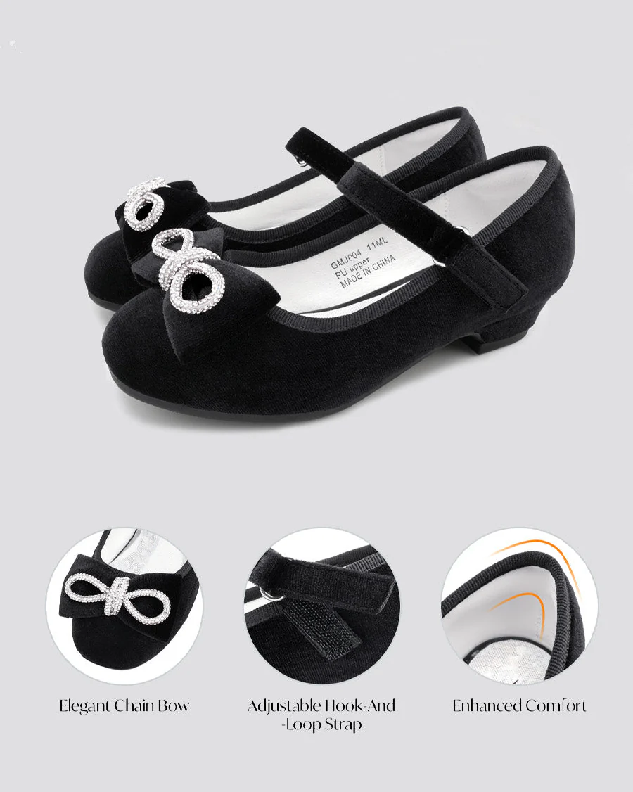 Girls Classic Mary Jane Shoes | Velvet Heels with Crystal Bows - Image 5