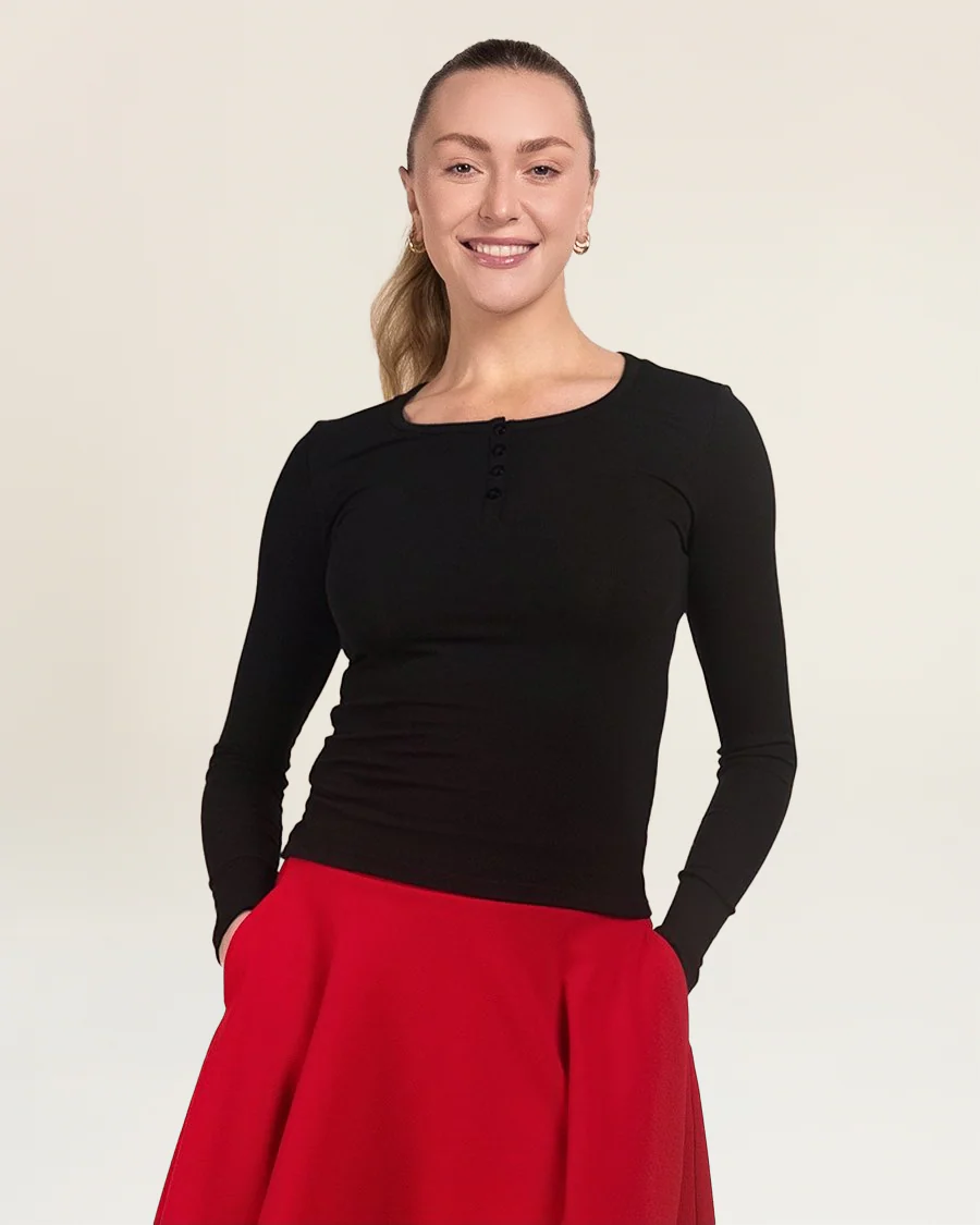 Long-Sleeve Ribbed Knit Henley | Slim Fit Top